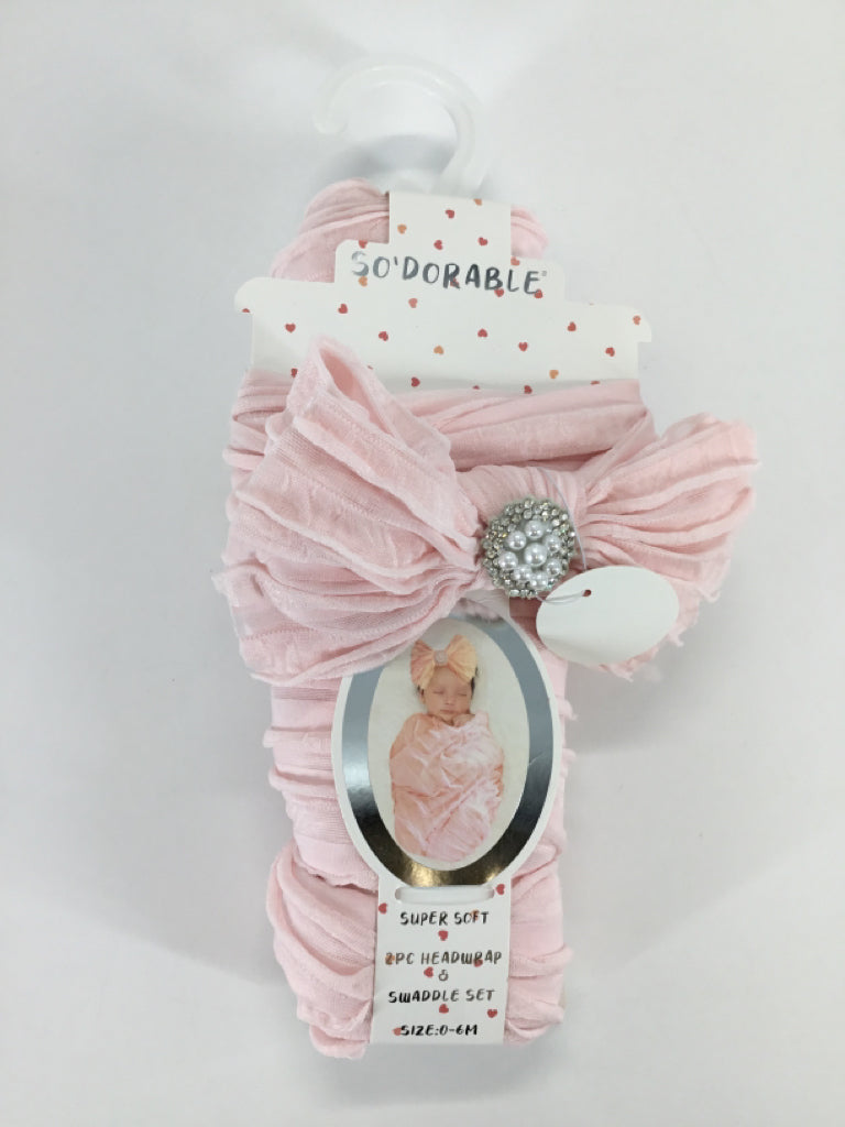 So Adorable Child Size 0-6 Months Pink Solid Blanket & Head Wrap Set
