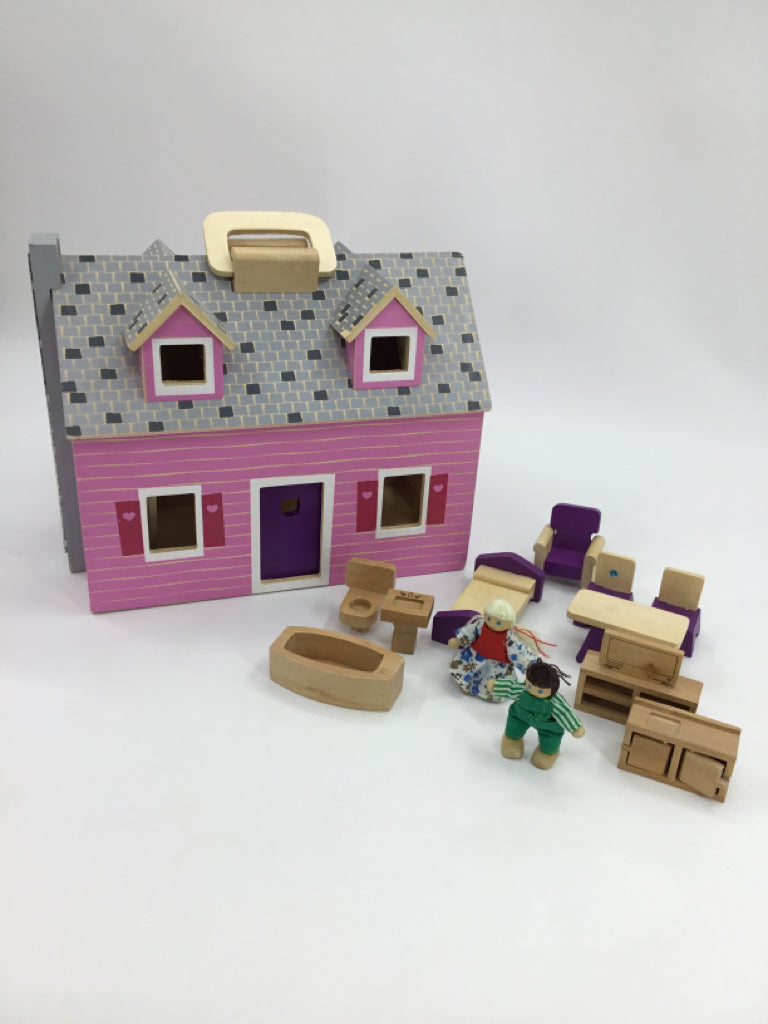 Melissa & Doug Fold and Go Wooden Dollhouse With 2 Dolls and Wooden Furniture