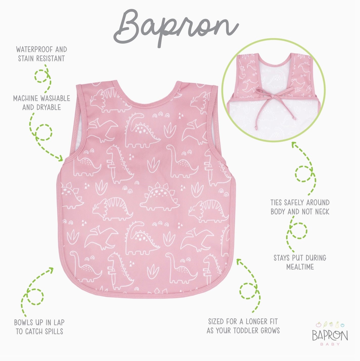 Bapron Dino Friends (Blush) Toddler Size (6M-3T)