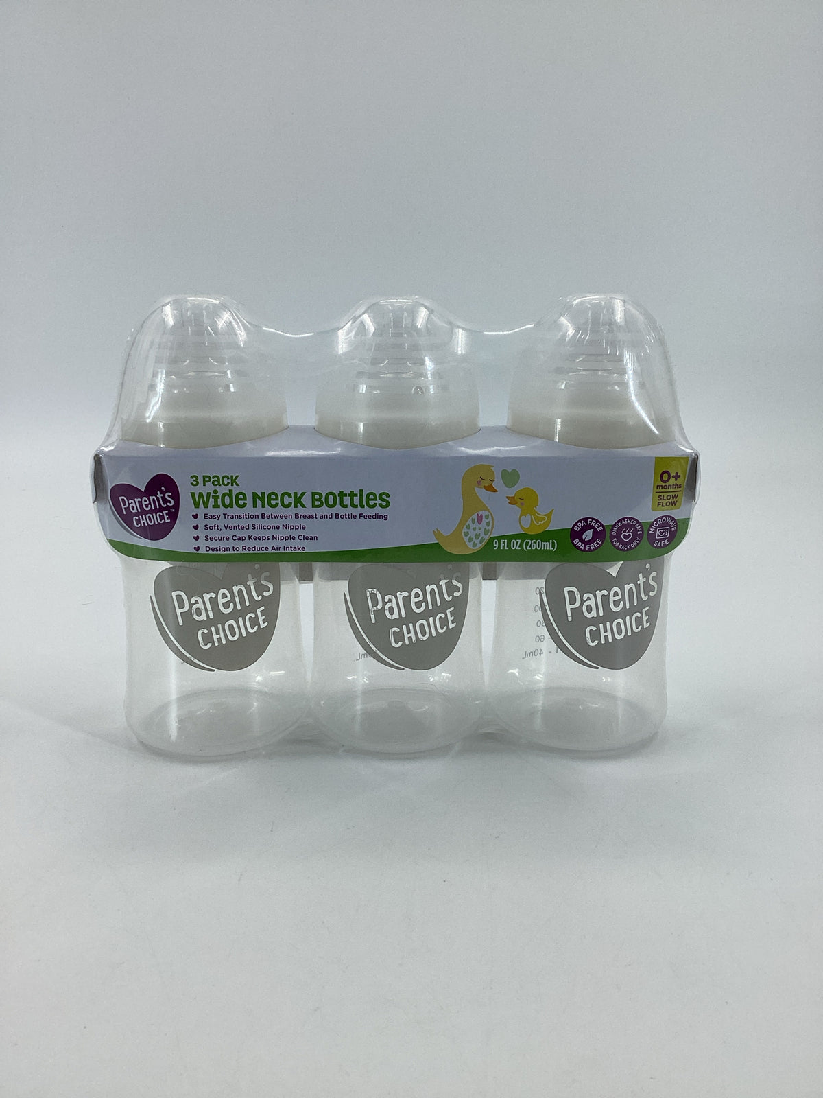 Parent's Choice 3 pack Wide Neck 9 oz Slow Flow Bottles