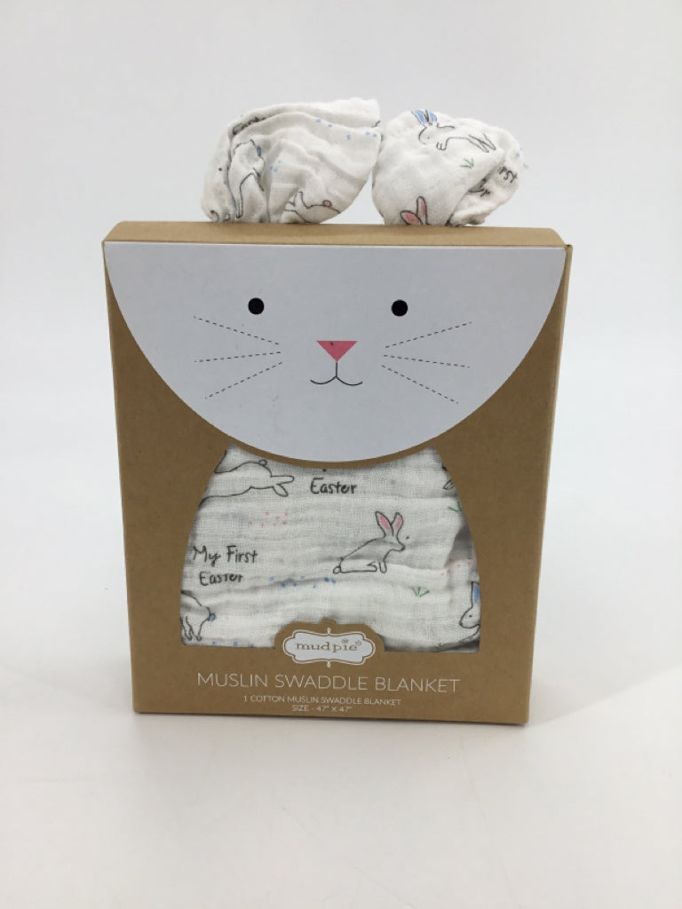 Mudpie White Bunny Muslin Swaddle Blanket