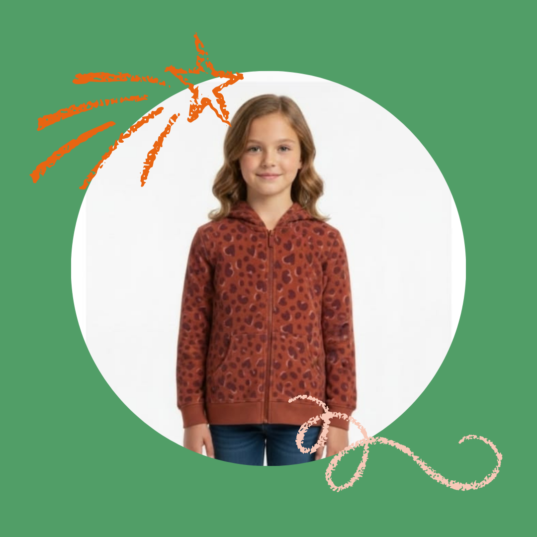 A young girl with wavy light brown hair stands centered inside a white circular frame, wearing a rust-brown zip-up hoodie with a darker brown animal print pattern and blue jeans. The background is solid green with decorative orange and pink scribble graphics.