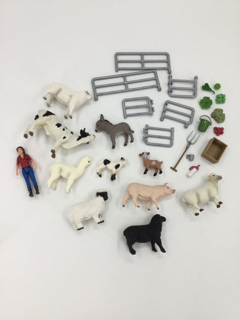 Assorted Farm Figures - Farmer, Fence, Animals, Tools, Vegetables
