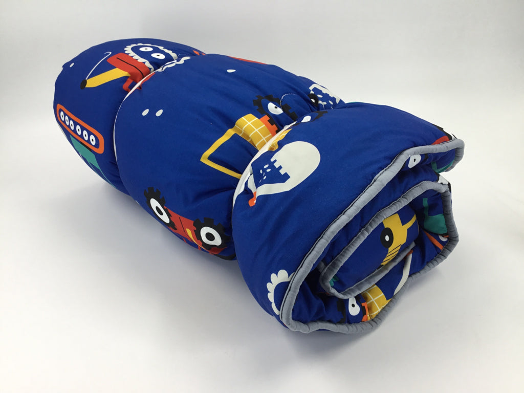 Blue Construction Vehicles Sleeping Bag W/ Built-in Pillow
